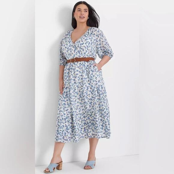 Lane Bryant Blue Ditsy Floral Puff Sleeve Tuck Detail Midi Dress 26 Cottagecore - Picture 2 of 10